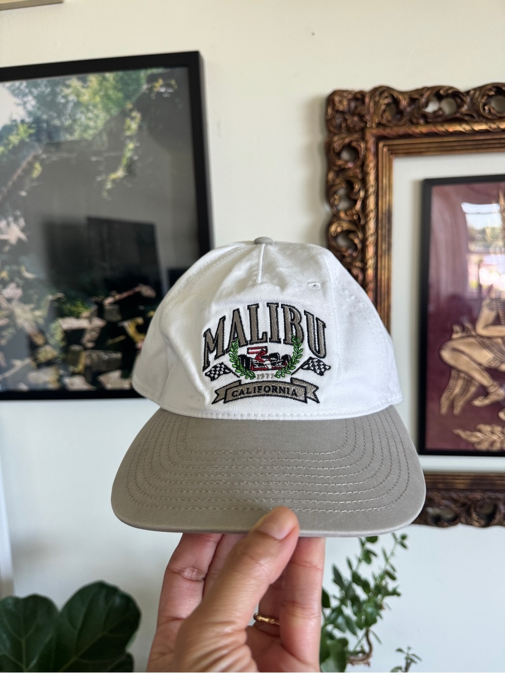 American Eagle Outfitters White and Tan 'Malibu California' Embroidered Cap